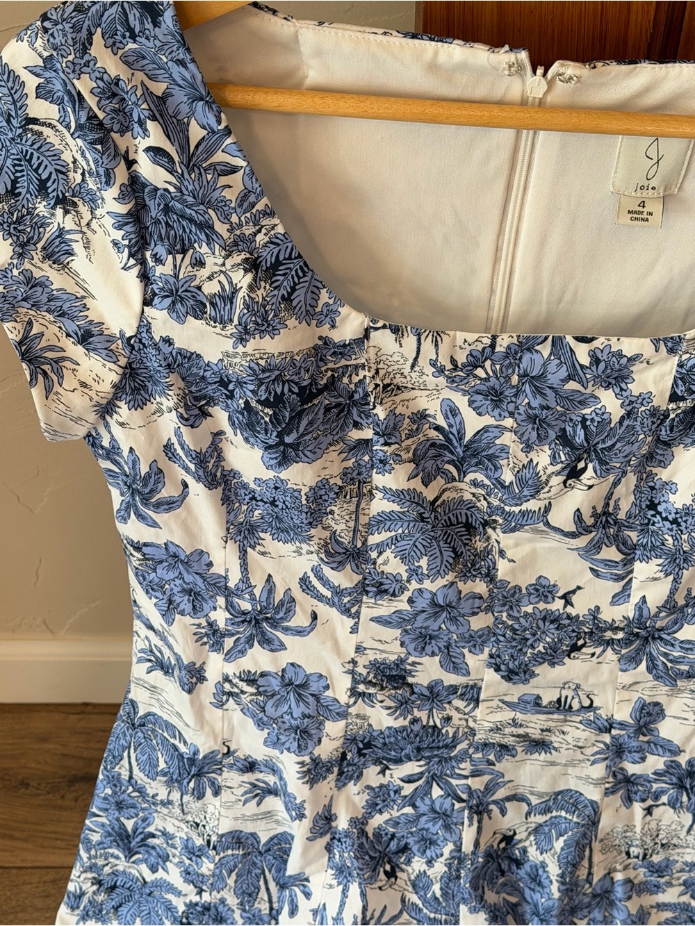 Joie Blue & White Tropical Toile Palm Fit & Flare Dress - 4 - Picture 3 of 12